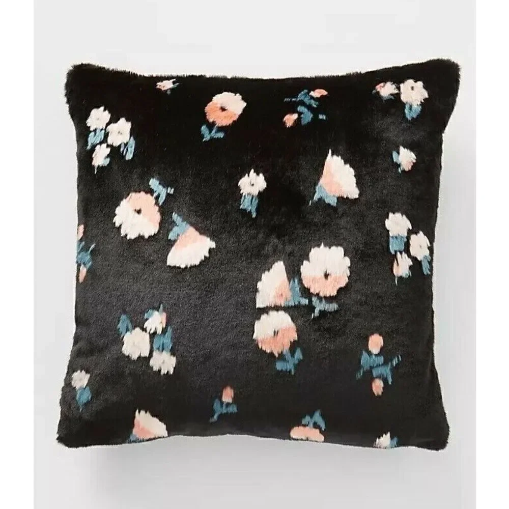 Anthropologie Flora Faux Fur Pillow Black Floral Pattern 20